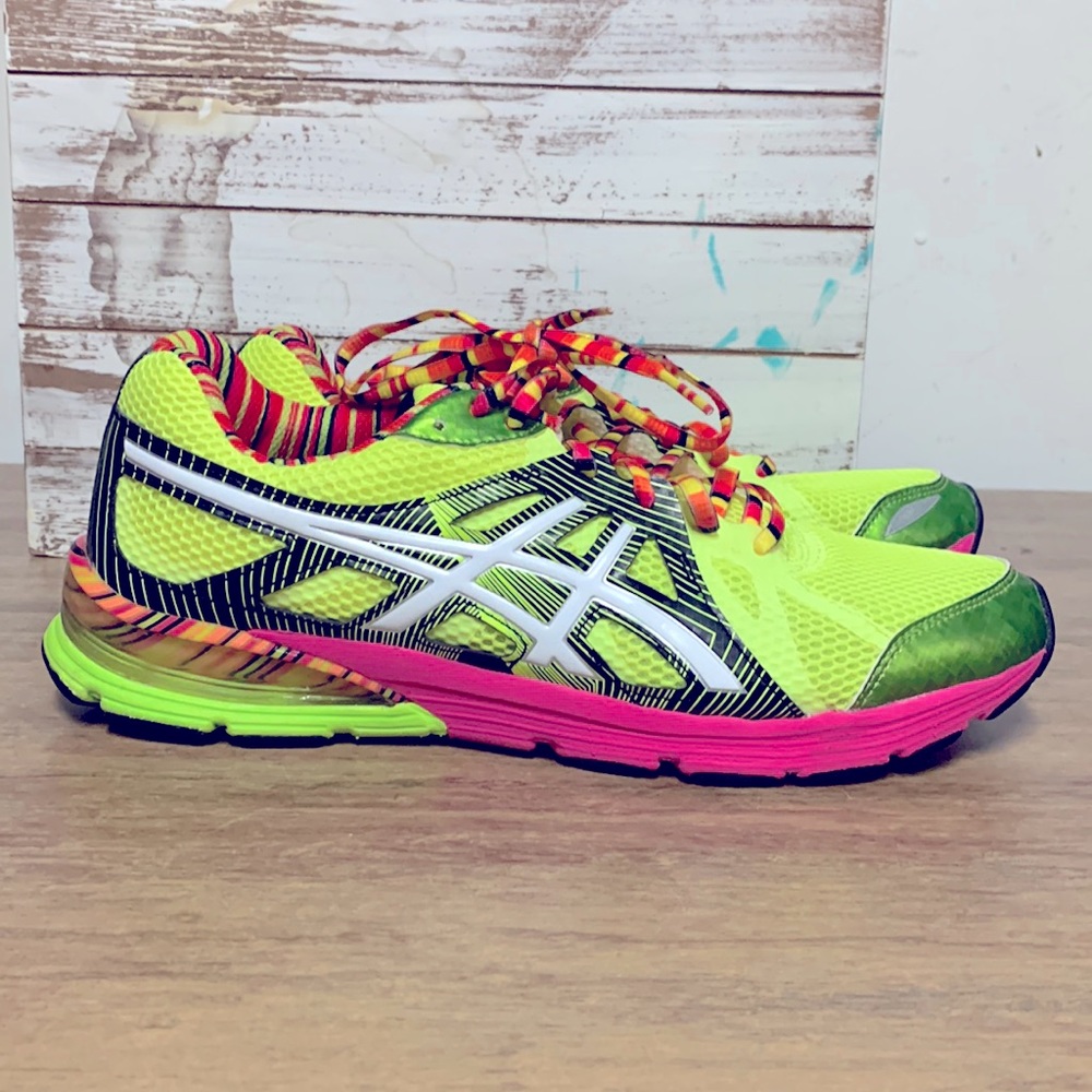 Asics neon yellow mesh gel pink orange stripe work out running tennis shoes